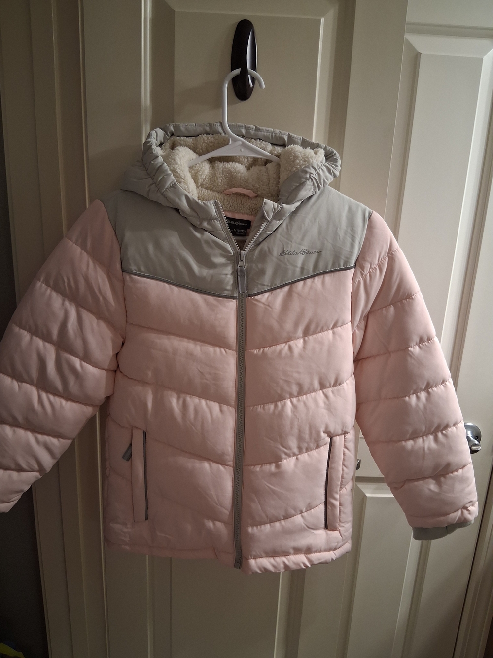 Eddie Bauer Girls Size 10-12 Pink & Gray Hooded Puffer Jacket
